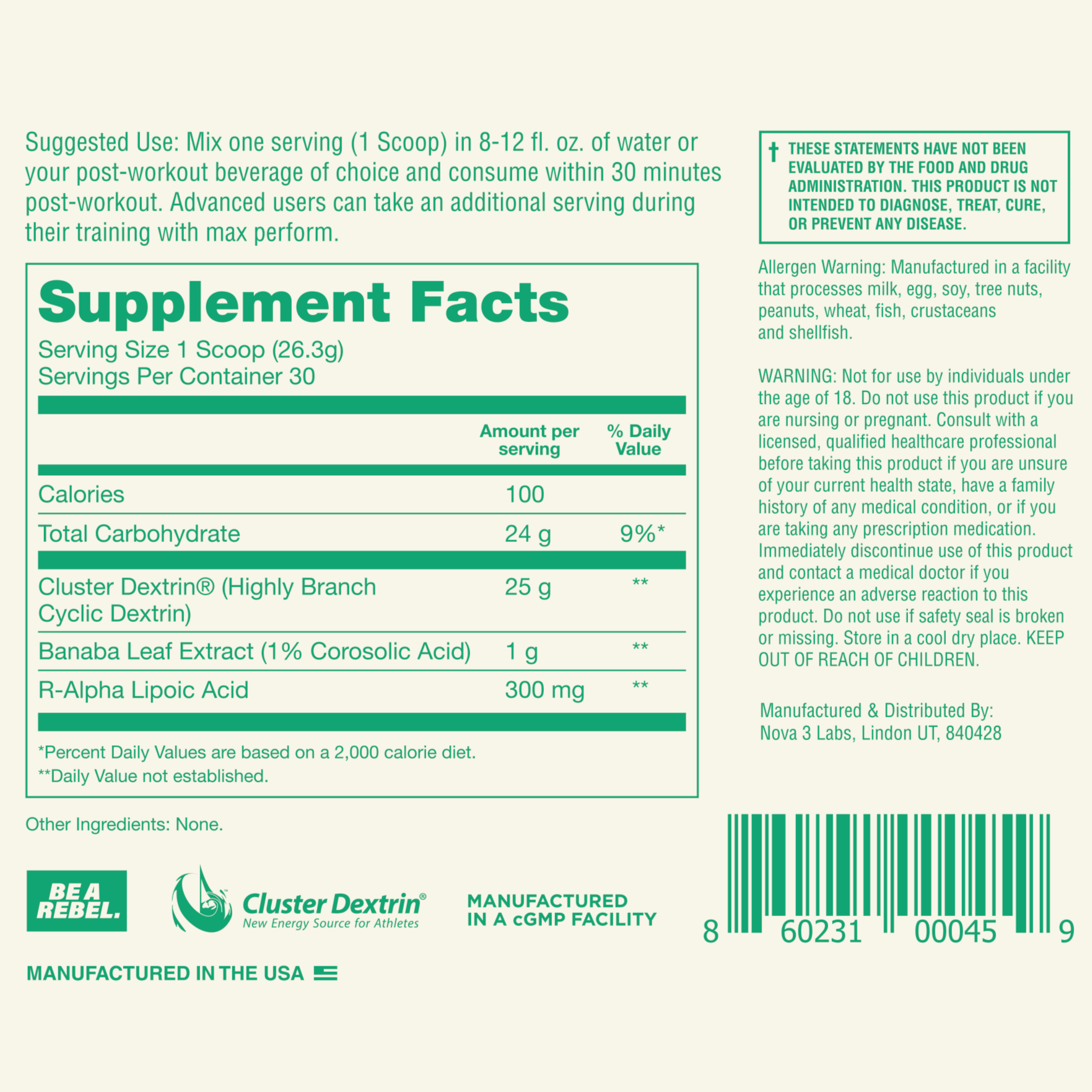 Max Recovery Supplement facts