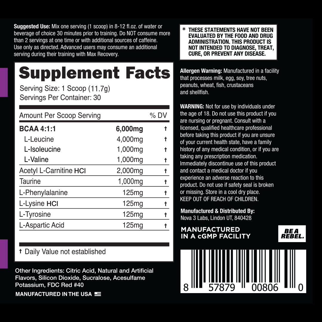 Max BCAA Supplement Facts Label