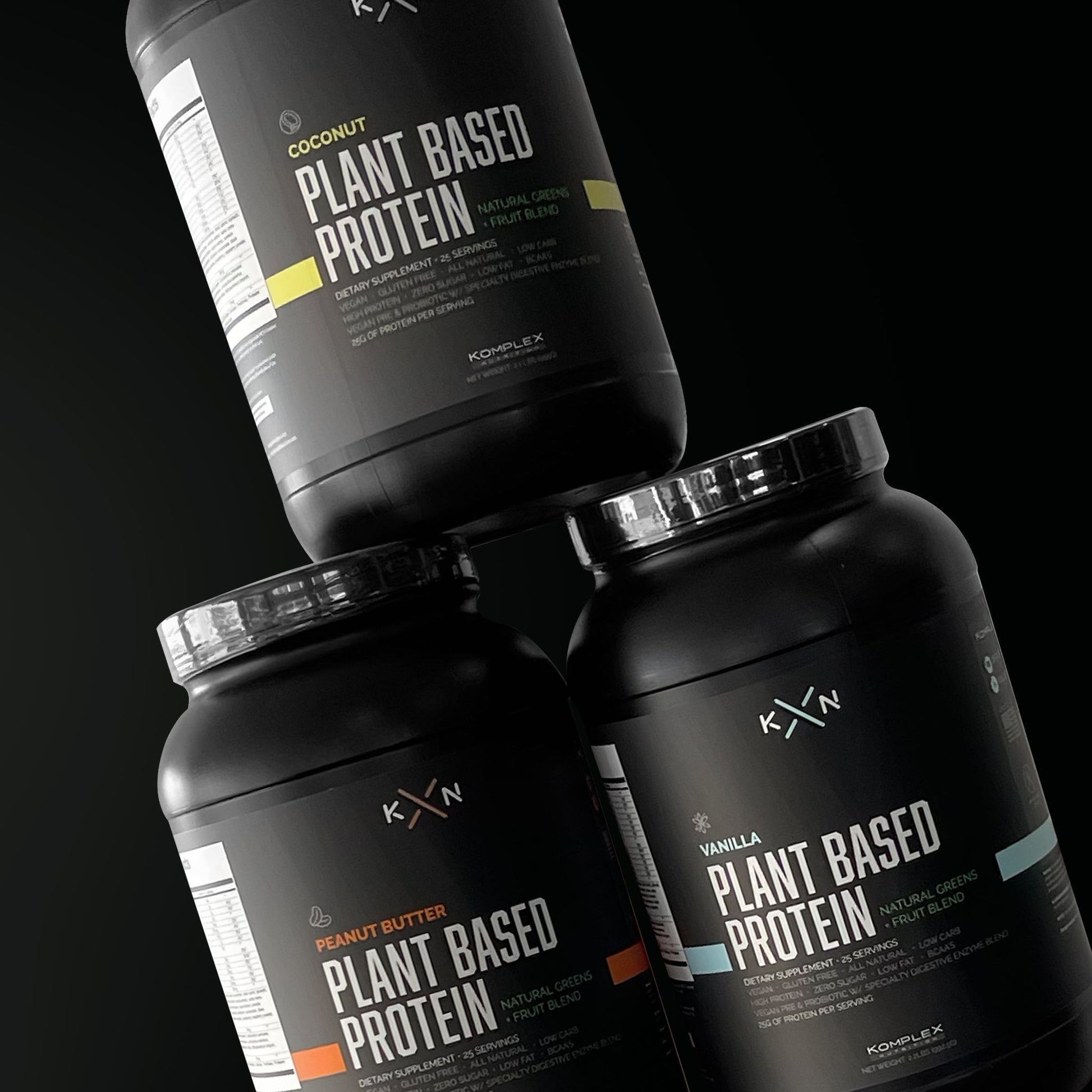 KompleX Nutrition Plant Based Protein All flavors stacked together