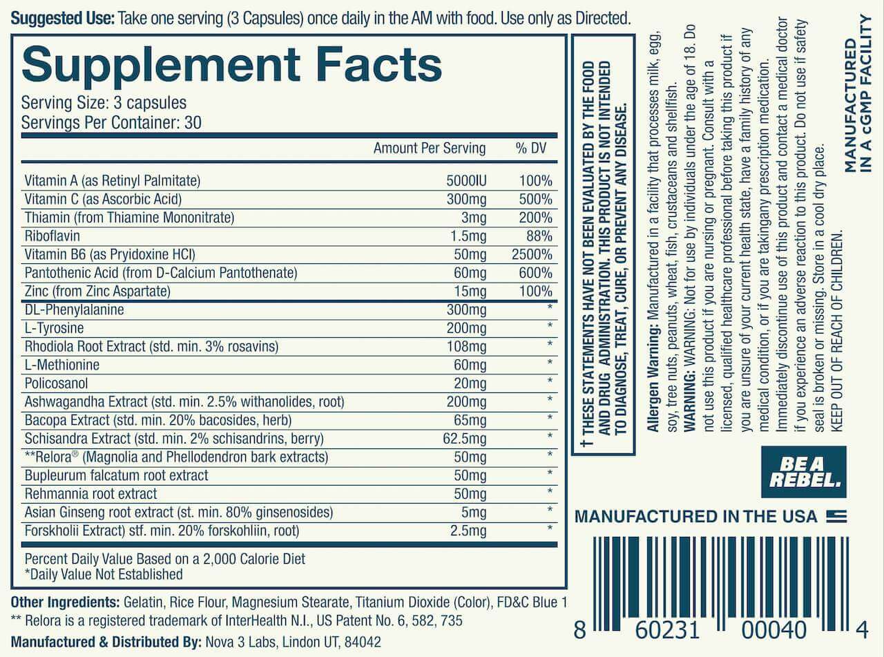 max adrenal supplement facts label